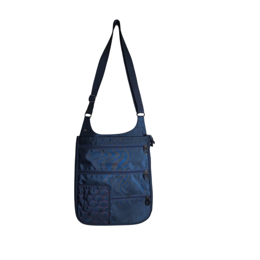 Mosey Blue Nylon Crossbody Bag Quilted Pink Stitching Travel Messenger Pouch